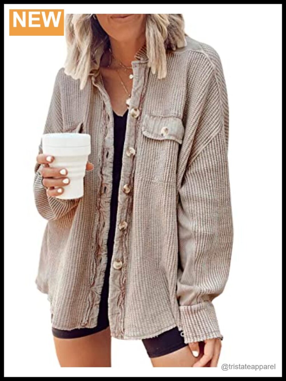 Womens Waffle Knit Button Down Shirt Long Sleeve Slouchy Boyfriend Blouse